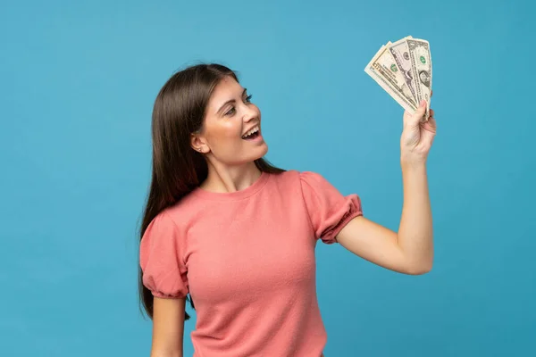 Young Woman Isolated Blue Background Taking Lot Money — 图库照片