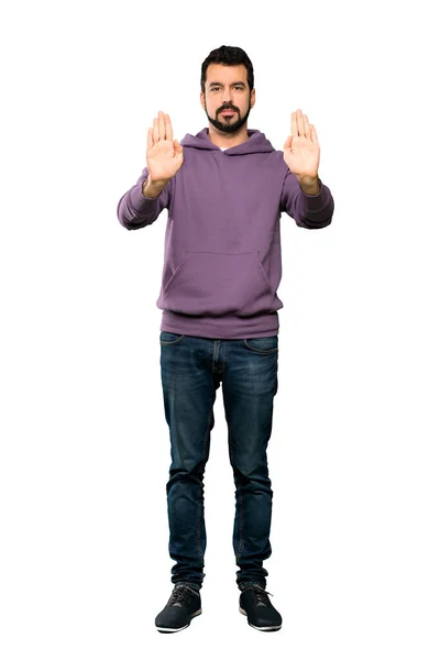 Full Length Shot Van Handsome Man Met Sweatshirt Maken Stop — Stockfoto