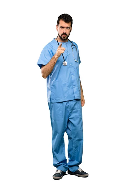 Full Length Shot Surgeon Doctor Man Frustrated Pointing Front Isolated — Stock Photo, Image