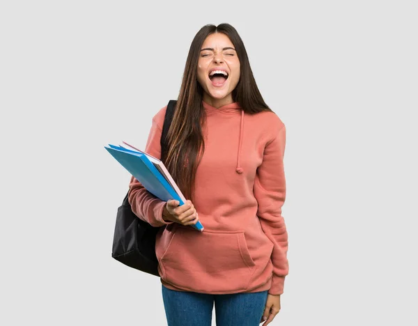 Ung Student Kvinna Som Håller Anteckningsböcker Ropar Till Framsidan Med — Stockfoto