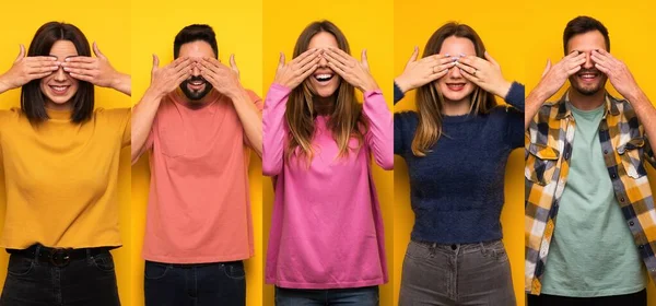 Serie Persone Che Coprono Occhi Mani Sorpreso Vedere Cosa Aspetta — Foto Stock