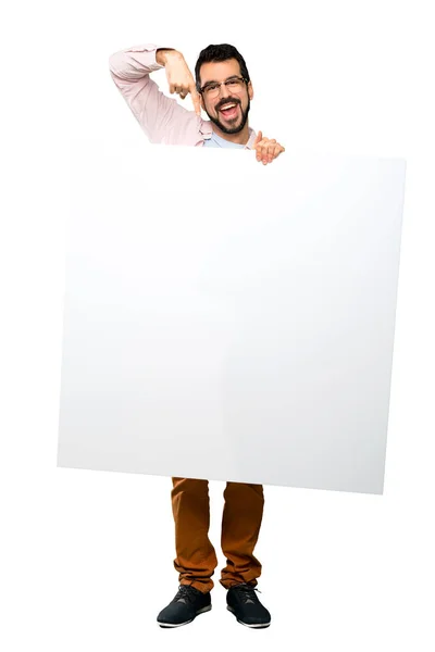 Full Length Shot Handsome Man Beard Holding Empty Placard Isolated — Stock Photo, Image