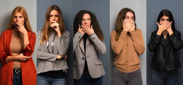 Conjunto Mujeres Cubriendo Boca Con Las Manos Por Decir Algo —  Fotos de Stock