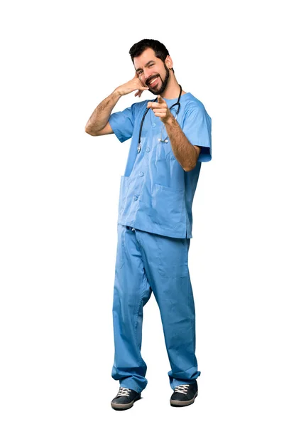 Full Length Shot Surgeon Doctor Man Making Phone Gesture Pointing — Stock Photo, Image