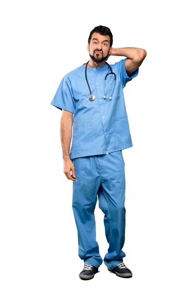 Full Length Shot Surgeon Doctor Man Having Doubts Isolated White — Stock Photo, Image