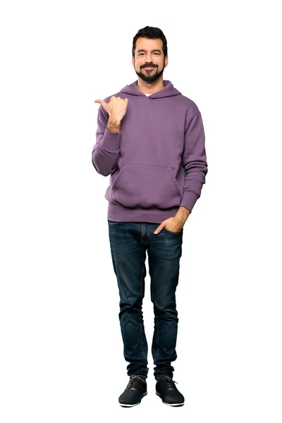 Full Length Shot Handsome Man Sweatshirt Pointing Side Present Product — Stock Photo, Image