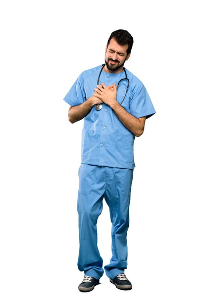 Tiro Completo Cirurgião Médico Homem Tendo Uma Dor Coração Sobre — Fotografia de Stock