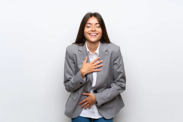 Giovane Donna Affari Sfondo Bianco Isolato Sorridente Molto — Foto Stock