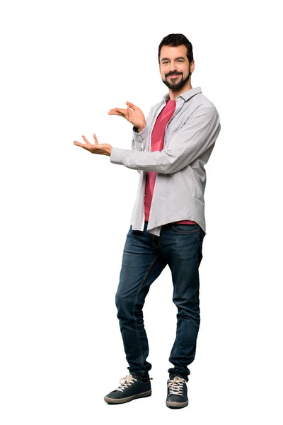 Full Length Shot Handsome Man Beard Extending Hands Side Inviting — Stock Photo, Image