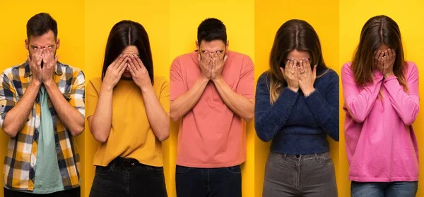 Conjunto Pessoas Com Expressão Cansada Doente — Fotografia de Stock