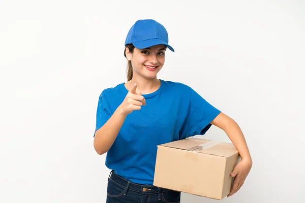 Jovem Entrega Menina Mais Isolado Branco Fundo Aponta Dedo Para — Fotografia de Stock