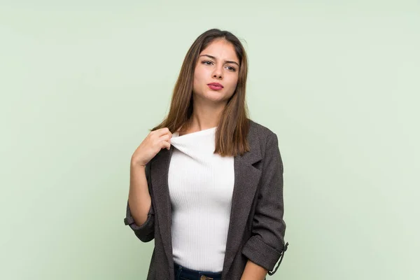 Young Brunette Girl Blazer Isolated Green Background Tired Sick Expression — Stock Photo, Image