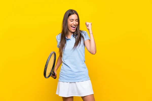 Young Tennis Player Woman Isolated Yellow Wall — Stock Photo, Image