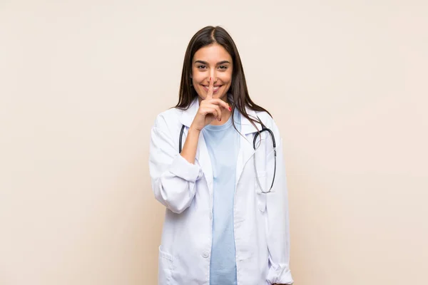 Young Doctor Woman Isolated Background Doing Silence Gesture — Stock Photo, Image