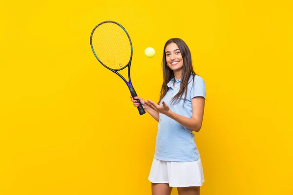 Young Tennis Player Woman Isolated Yellow Wall — Stock Photo, Image