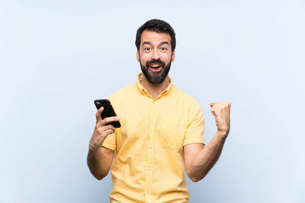 Young Man Beard Isolated Blue Background Surprised Sending Message — Stock Photo, Image