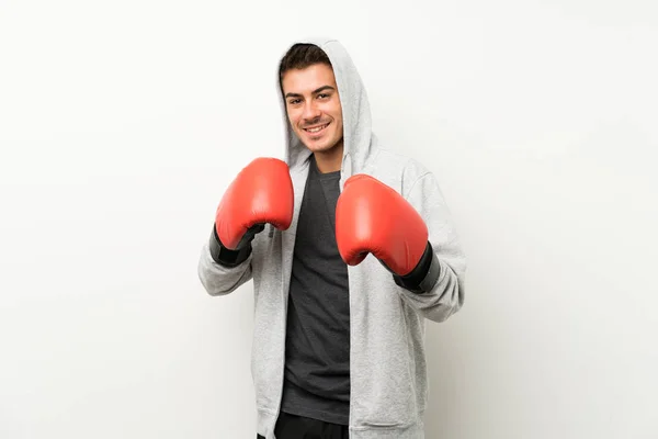 Hombre Deportivo Sobre Pared Blanca Aislada Con Guantes Boxeo —  Fotos de Stock