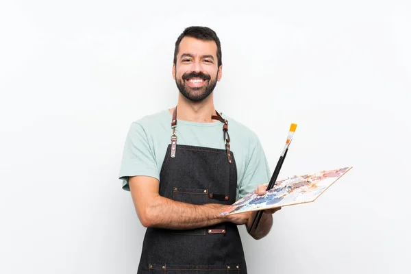 Jovem Artista Segurando Uma Paleta Sobre Fundo Isolado Mantendo Braços — Fotografia de Stock