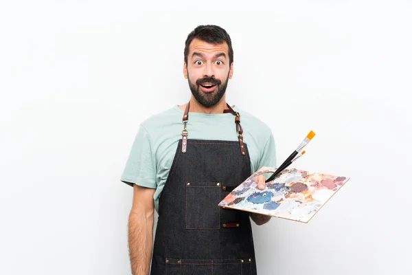 Jovem Artista Homem Segurando Uma Paleta Sobre Fundo Isolado Com — Fotografia de Stock