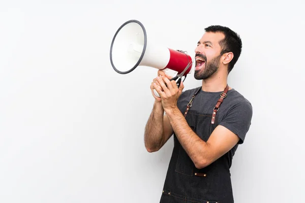 Barbier Man Een Schort Schreeuwend Door Een Megafoon — Stockfoto