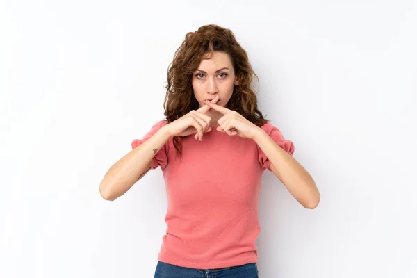 Young Pretty Woman Isolated Background Showing Sign Silence Gesture — Stock Photo, Image