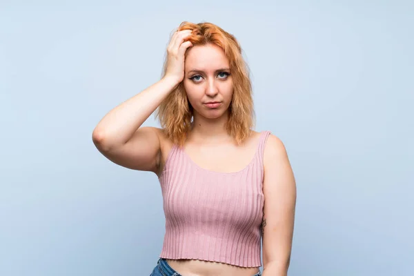 Young Woman Isolated Blue Background Expression Frustration Understanding — Stock Photo, Image