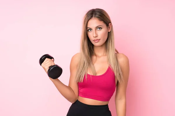 Fiatal Sport Szőke Felett Elszigetelt Rózsaszín Háttér Hogy Súlyemelés Kettlebell — Stock Fotó