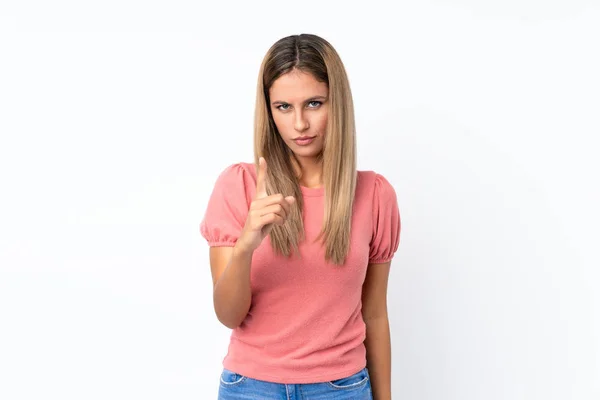 Young Blonde Woman Isolated White Background Frustrated Pointing Front — Stock Photo, Image