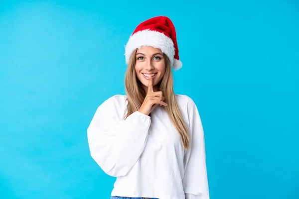 Chica Con Sombrero Navidad Sobre Fondo Aislado Haciendo Gesto Silencio —  Fotos de Stock