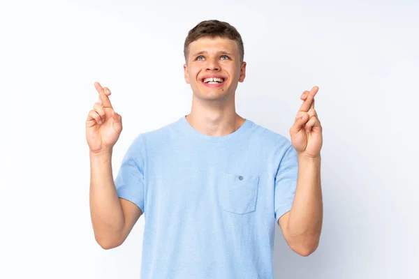 Joven Hombre Guapo Sobre Fondo Blanco Aislado Con Los Dedos — Foto de Stock