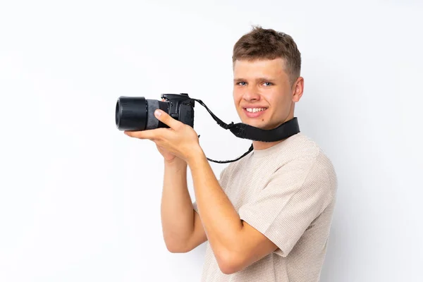 Young Handsome Man Isolated White Background Professional Camera — Stock Photo, Image