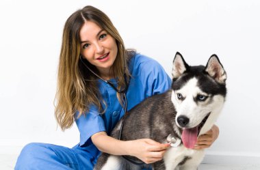 Sibirya Husky köpeğiyle veteriner kliniğinde veteriner.