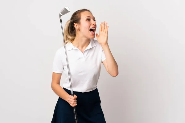 Zole Edilmiş Beyaz Arka Planda Genç Bir Golfçü Kadın Ağzı — Stok fotoğraf