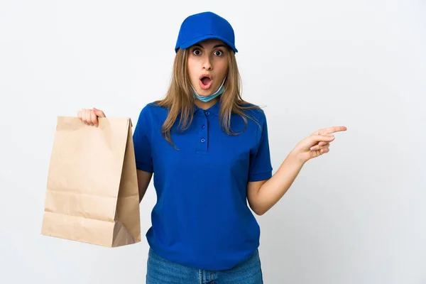 Food Delivery Woman Protecting Coronavirus Mask Isolated White Background Surprised — Stock Photo, Image