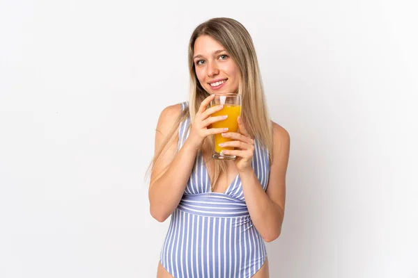 Giovane Donna Bionda Isolata Sfondo Bianco Costume Bagno Con Mano — Foto Stock