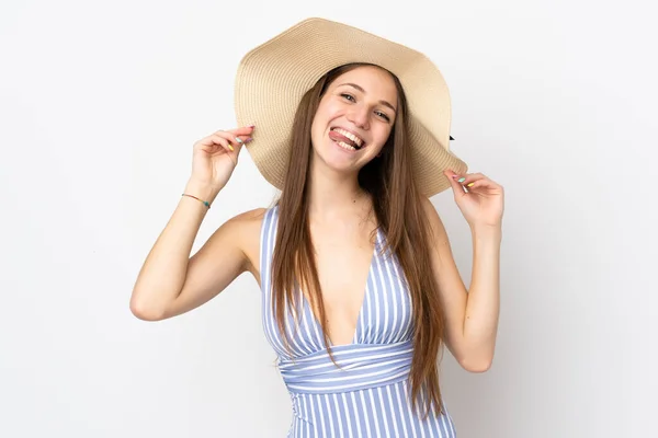 Giovane Donna Caucasica Isolata Sfondo Bianco Felice Costume Bagno Nelle — Foto Stock