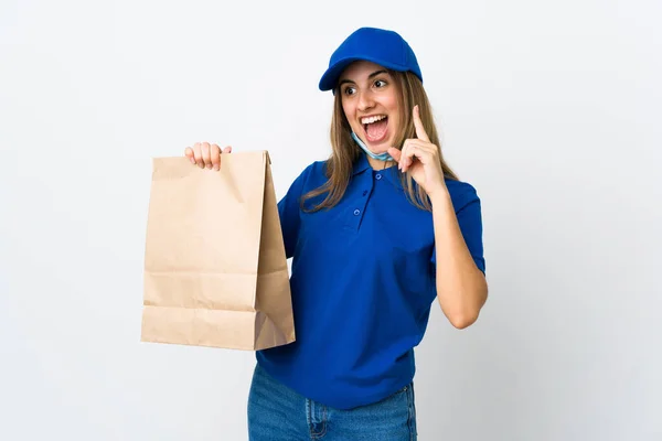 Food Delivery Woman Protecting Coronavirus Mask Isolated White Background Σκοπό — Φωτογραφία Αρχείου