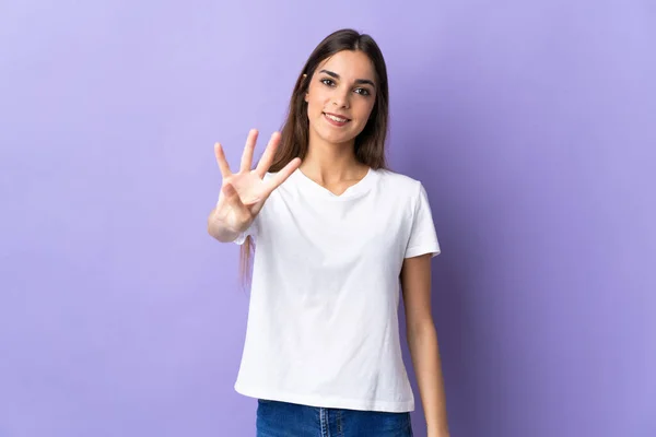 Young Caucasian Woman Isolated Blue Background Happy Counting Four Fingers — Stock Photo, Image