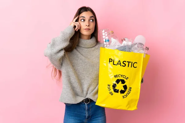 Young Caucasian Woman Holding Bag Full Plastic Bottles Recycle Isolated — Stock Photo, Image