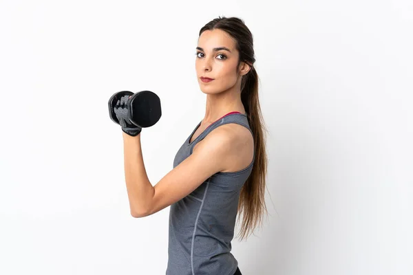 Young Caucasian Woman Isolated White Background Making Weightlifting — Stock Photo, Image