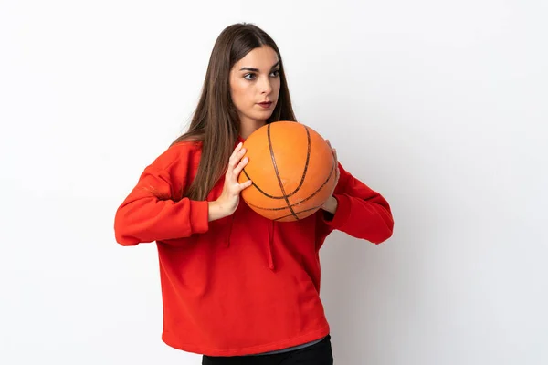 Young Caucasian Woman Isolated White Background Playing Basketball — Stock Photo, Image