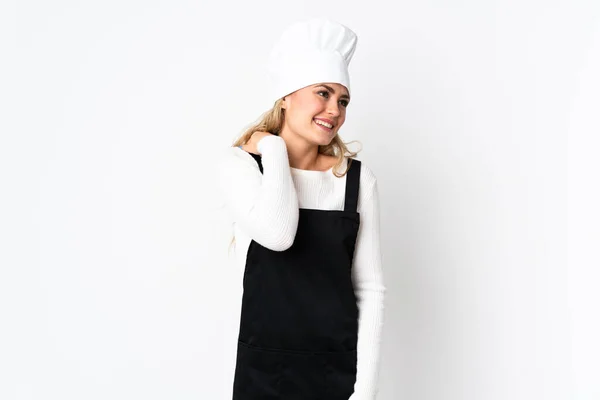 Молода Бразильська Кухарка Ізольована Білому Тлі Сміється — стокове фото
