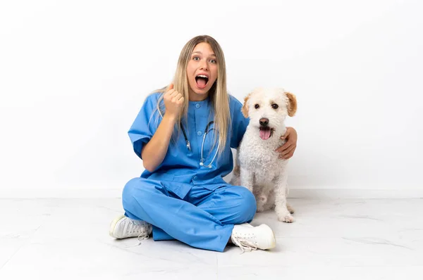 Jovem Veterinária Mulher Com Cão Sentado Chão Celebrando Uma Vitória — Fotografia de Stock