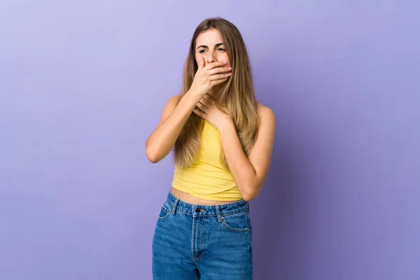 Joven Mujer Sobre Aislado Púrpura Fondo Tos Mucho —  Fotos de Stock