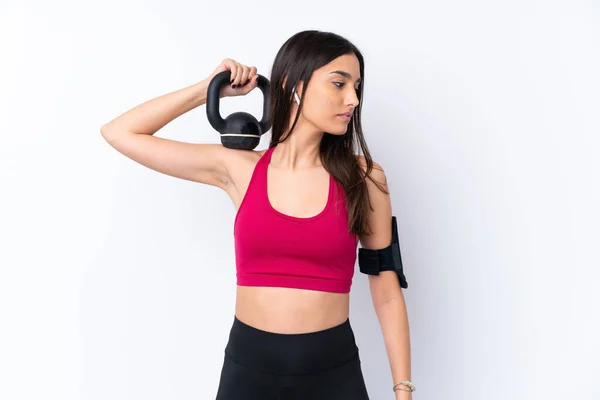 Young Sport Brunette Woman Isolated White Background Making Weightlifting Kettlebell — 스톡 사진