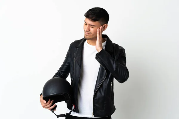 Homem Com Capacete Motocicleta Isolado Fundo Branco Com Dor Cabeça — Fotografia de Stock