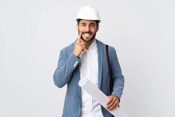 Jovem Arquiteto Homem Com Capacete Segurando Plantas Isoladas Fundo Branco — Fotografia de Stock