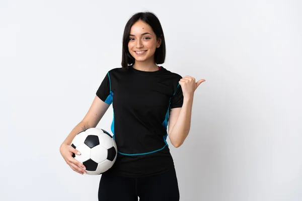 Young Football Player Woman Isolated White Background Pointing Side Present — Stock Photo, Image
