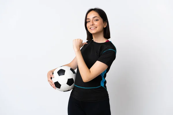 Jovem Jogador Futebol Mulher Isolado Fundo Branco Orgulhoso Auto Satisfeito — Fotografia de Stock