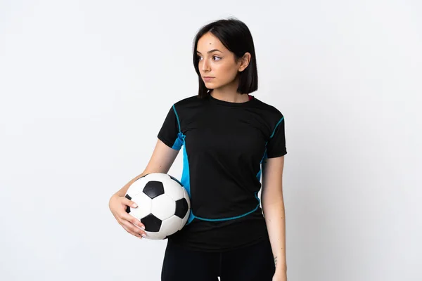 Giovane Giocatore Calcio Donna Isolato Sfondo Bianco Guardando Lato — Foto Stock